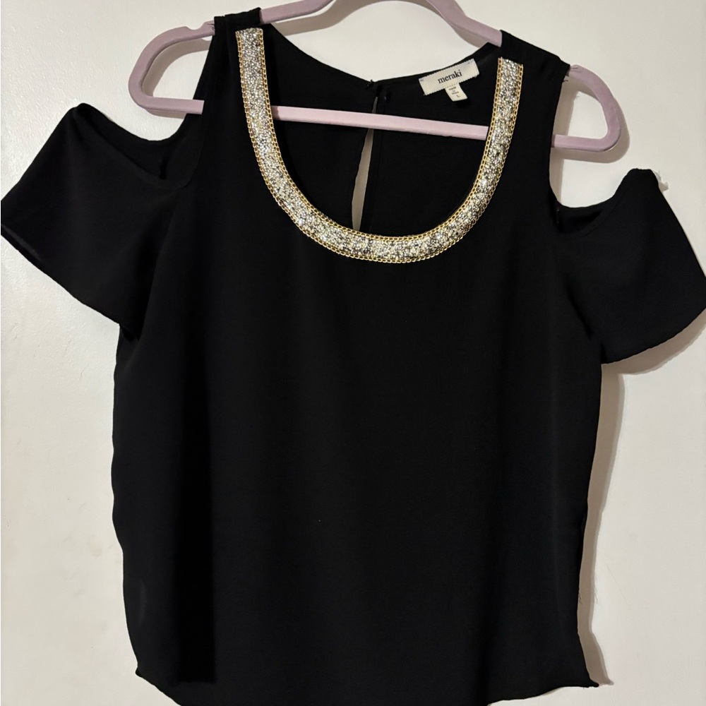 Meraki Black Cold Shoulder Blouse with Gold/Silver Trim/Sparkle/Holiday/Chic